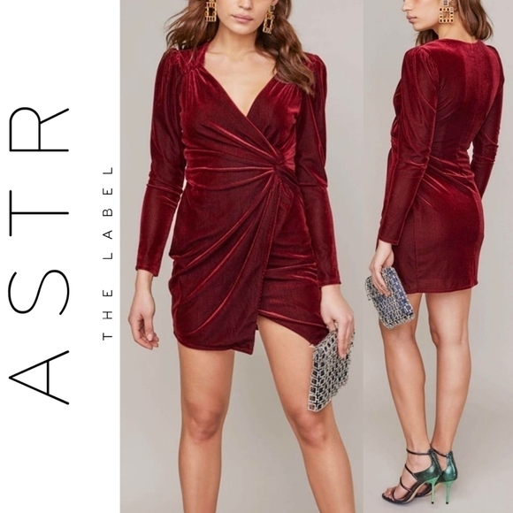 Astr Dresses & Skirts - ASTR the Label Lanita Velvet Dress, Surplice Front, Faux Knot Waist, Merlot, M